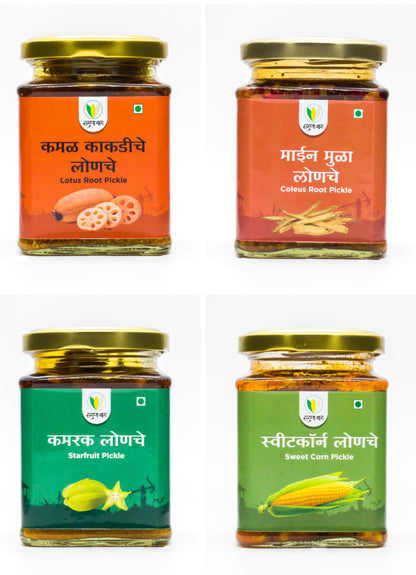 Exotic Pickle Combo - Pack of 4 (Lotus Root Pickle, Coleus Root Pickle,Sweet Corn Pickle, Star Fruit Pickle)